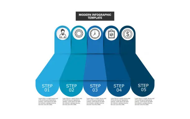 Vector illustration of Modern infographic template. Big paper arrow of 5 blue horizontal strips