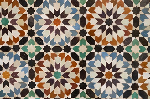A wall covered with  mosaic zellj  in Marrakesh, Morocco