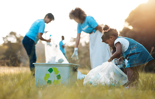 Nature, community service and family recycle, cleaning garbage pollution and support environment, volunteering or help. People teamwork, child and plastic clean up, charity project or recycling trash
