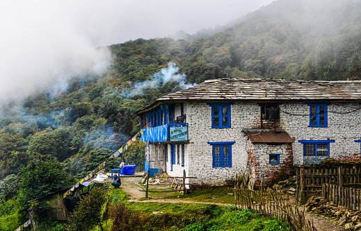 Tadapani, Nepal - Oct 21, 2017. Local house at mountain village at base camp path of Annapurna Massif, Nepal.