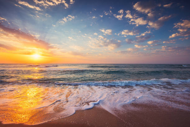 ocean sunrise over the tropical sea shore and exotic island beach - beach maui summer usa imagens e fotografias de stock