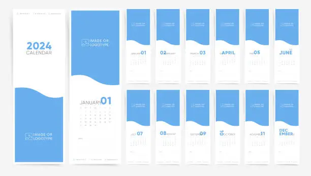 Vector illustration of Vertical 2024 Year Calendar Template. with free space for branding or image. Modern Sunday Start Portable 2024 Calendar.