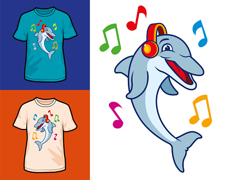 Vector Illustration of a Happy Dolphin Cartoon Tshirt Design Singing and Listening to Earphones Clip Art Template