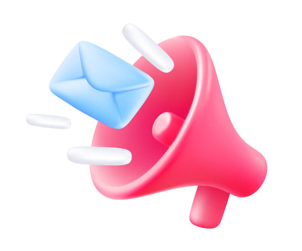 istock Vector illustration of pink color megaphone with envelope on white background. 3d style design of communication megaphone, marketing symbol 1740599260