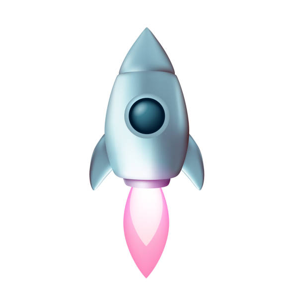 istock Vector cartoon illustration of flying gray metallic space ship with flame on white color background. 3d style design of business startup symbol 1740600135