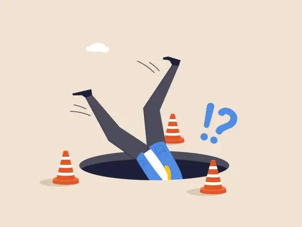 Vector illustration of Trouble, loss or pitfall concept. Failure or mistake causing catastrophe despair, problem or risk from crisis or recession, danger or business accident, terrified businessman fall down into the hole.