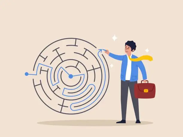 Vector illustration of Challenge for leadership concept. Solution solving business problem, skill and intelligence to overcome difficulty, smart businessman draw the line showing solution to solve labyrinth maze problem.