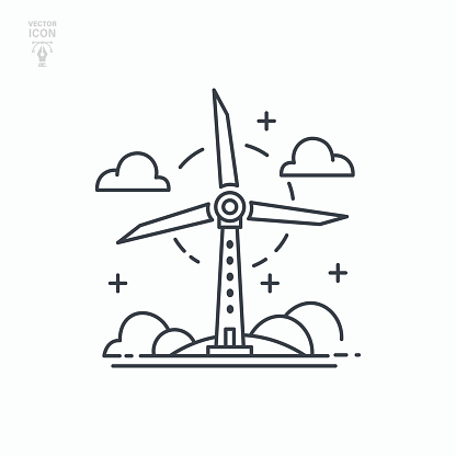 Wind eco energy contour symbol. Rotating windmill icon.