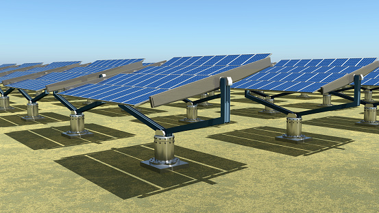 Computer generated 3D illustration with solar panels in a landscape