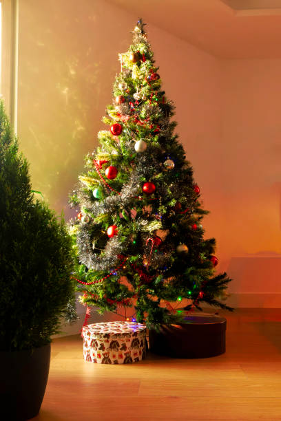 istock Christmas tree decorated and with gifts underneath illuminated by the evening light. Vertical photo 1740616015