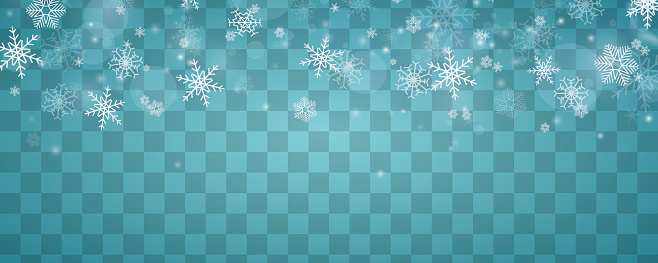 Natural winter New Year background with sky, heavy snowfall, snowflakes of different shapes and forms, snowdrifts. Winter landscape with falling Christmas shining beautiful snow. vector.