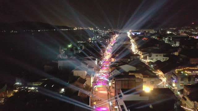 Aerial view of an illuminated street in Songkhla old town