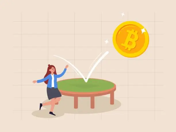 Vector illustration of Bitcoin price rebound concept, crypto currency bounce back to rising up after falling down , businesswoman jumping for joy golden bitcoin bounce back on the trampoline rising up on price graph.