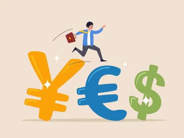 Vector illustration of Foreign Exchange trading between currency around the word or investment fund flow concept, success businessman investor wearing suit walking on Japanese yen, Euro and US Dollar money currency symbol.