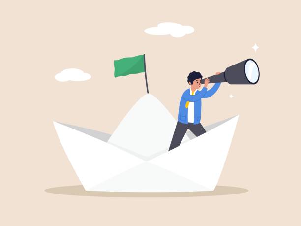 istock Direction or guidance to success. Exploration searching for new career opportunity, binocular vision to see future, look for journey, businessman look through binocular to see sailing ship direction. 1740644892