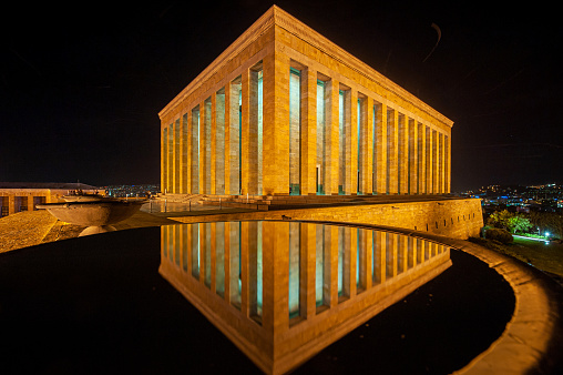 The reflection of the illuminated Anıtkabir on the water
