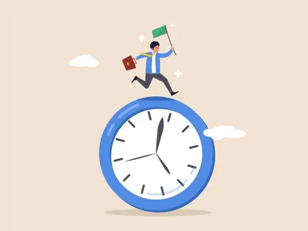 Vector illustration of Deadline or hurry to go to the office late. Time run out, urgency or determination to finish work fast, stressed or anxiety to complete work concept, hurry businessman run fast on time run out clock.
