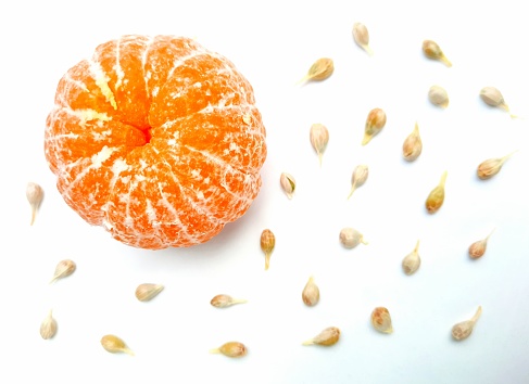 Orange fruit and seeds - white background.