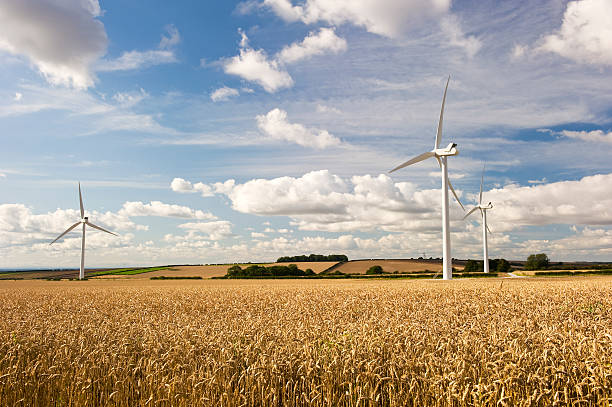 Three wind turbines, part of a small wind farm development in East Yorkshire, England to generate green electricity.