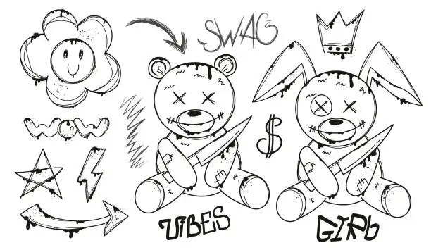 Vector illustration of Set of graffiti spray art. Collection of bear and rabbit in urban style. Crown and slogan, arrow on isolated background.