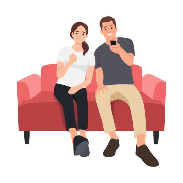 Vector illustration of Cute male and female cartoon characters sitting on cozy couch and watching TV or television set.
