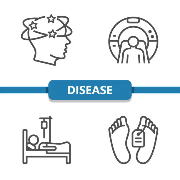 Vector illustration of Disease Icons. Health Care, Dizziness, MRI, CT Scan, Hospital Bed, Death, Morgue Icon