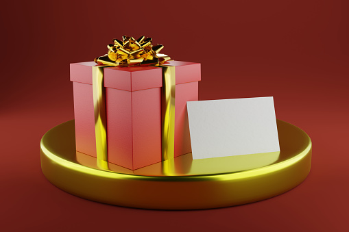 Christmas podium for branding and packaging presentation. Product display with gift boxes, Christmas tree and snow. Christmas showcase. Cosmetic and fashion. 3d illustration. 3d render.