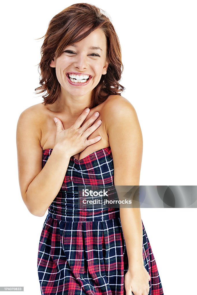 Happy Young Woman in Plaid Dress "Photo of a laughing, attractive young woman in a plaid dress; isolated on white." 20-29 Years Stock Photo