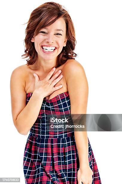 Happy Young Woman In Plaid Dress Stock Photo - Download Image Now - 20-29 Years, Adult, Adults Only