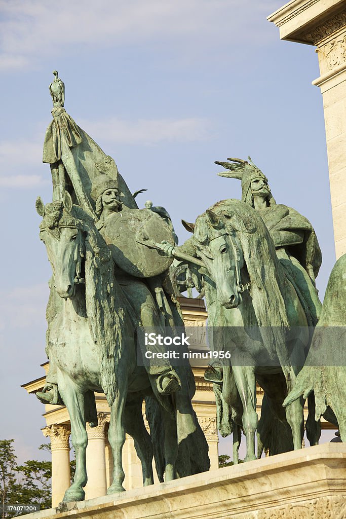 Statue of Hungarian chieftains in Heros Square. Budapest. "Equestrian bronze statue of Hungarian seven tribe chieftains at the base of the column in Heroes' Square, Budapest.Designed by Gyorgy Zala, the monument was built for the 1896 Millennium celebrations, that's why it is called Millennium Monument. Hungary celebrated the 1000th anniversary that its ancestors found a place to settle down in the Carpathian Basin." 1896 Stock Photo