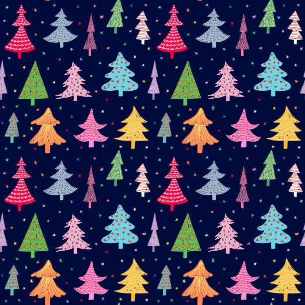 Vector illustration of Colorful Christmas vector seamless pattern with holiday trees on dark background