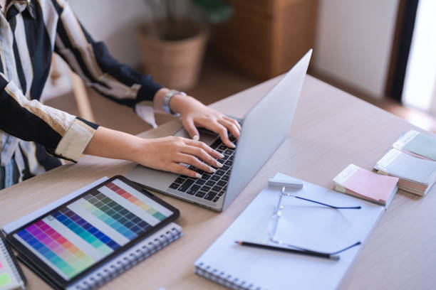 istock Graphic designer women typing data on laptop while working about graphic designing with technology 1740718185