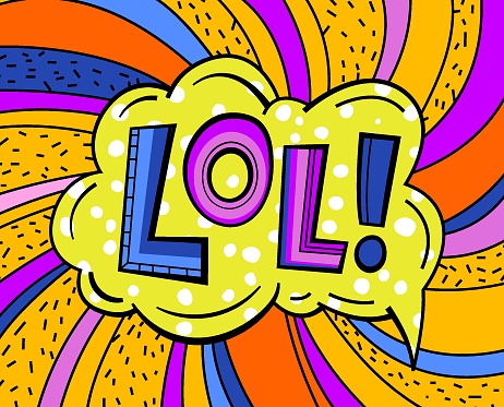 LOL is an acronym derived from the phrase laughing out loud. Playful simplistic pop-art design. The most common slang term. Editable vector illustration in bright colors. Landscape background