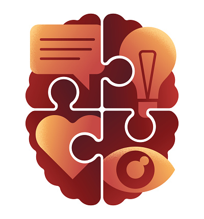 Cognitive Psychology isolated concept - Four puzzle pieces as a brain with icon on each piece