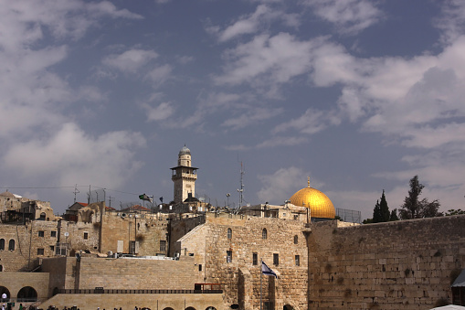 Panorama. Ruins of Western Wall of ancient Temple Mount is  a major Jewish sacred place and one of the most famous public domain places in the world, Jerusalem. Image digitally manipulated to express vintage and mystic style