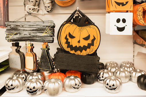 Halloween pumpkin jack o lantern decor with funny faces.