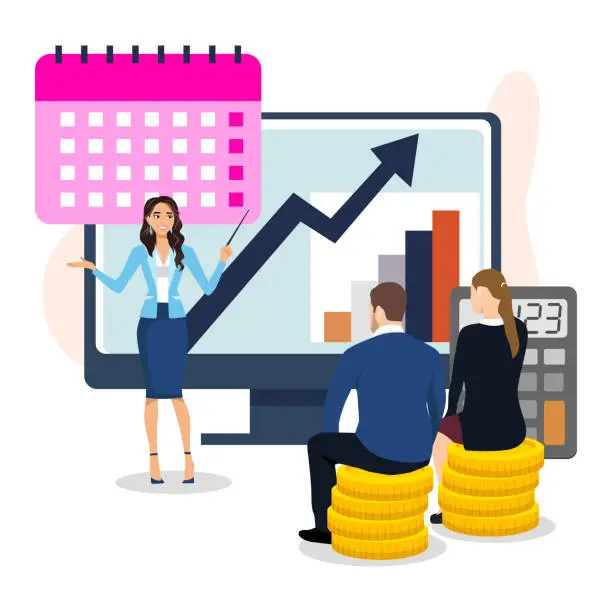 Vector illustration of Business class teacher & trainer woman workshop teaching strategy young business students audience group using whiteboard & flipchart diagrams, charts in classroom.