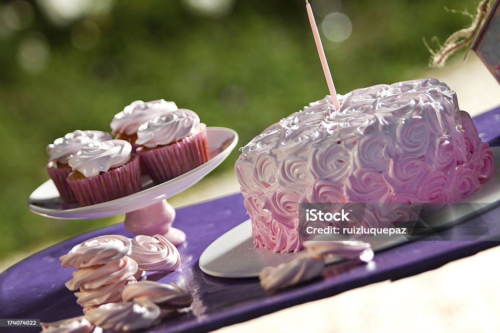 Romantic party outdoors Romantic cake and cupcakes at tea time Afternoon Tea Stock Photo