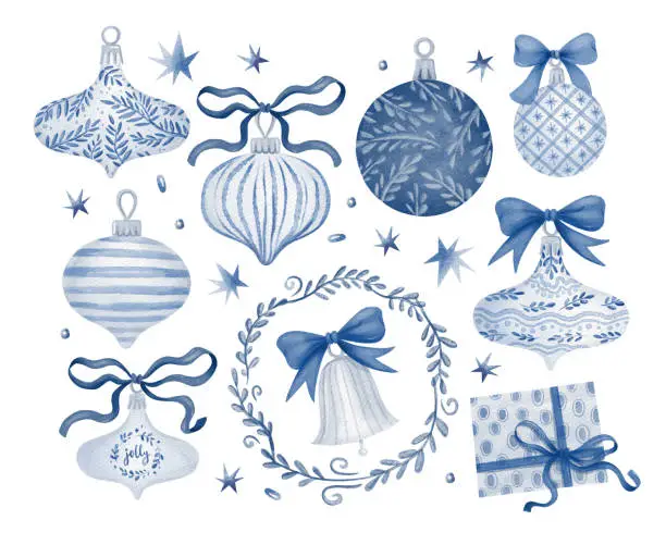 Vector illustration of Blue Christmas ornaments, frame and present clipart