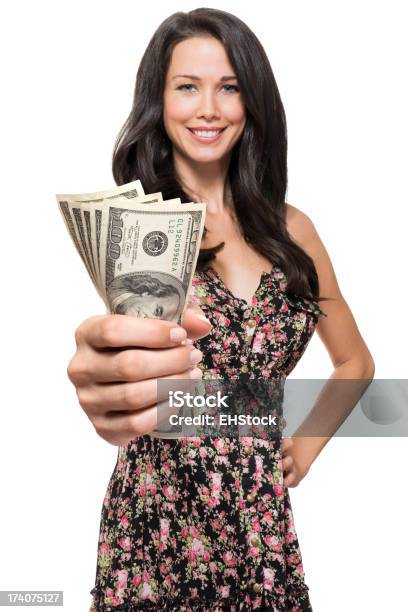 Mujer Con Dinero Aislado Sobre Fondo Blanco Foto de stock y más banco de imágenes de Billete de dólar estadounidense - Billete de dólar estadounidense, Recortable, Adulto