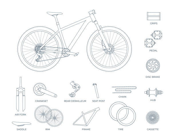 Mountain bike with a set of parts and titles in outline sketch stile Mountain bike with a set of parts and titles in outline sketch stile. Collection of bicycle elements for cross country, mtb, downhill. Vector realistic isolated illustration in line chainring stock illustrations