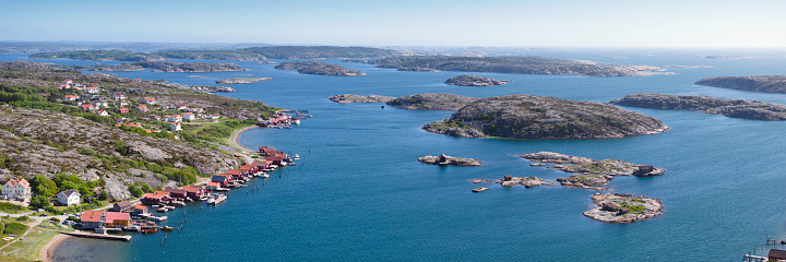 Aerial view of a Bohuslän coastal landscape in the Tanum municipality on the west coast of Sweden.