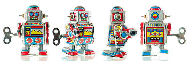 istock Four different views of vintage tin robot isolated on white 174076073