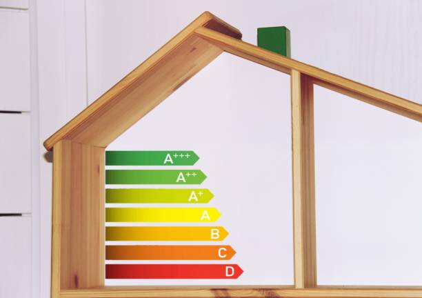 istock Energy efficient house concept with classification graph sign, home energy efficiency rating isolated, wooden smart eco house certification system, good ecological and bio energetic rating . 1740778117
