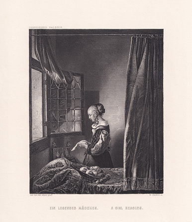 A girl reading a letter at the open window. Steel engraving after an oil painting (ca. 1659) by Johannes Vermeer (Dutch painter, 1632 - 1675) in the Old Masters Gallery (German: Gemäldegalerie Alte Meister) in Dresden, Saxony, Germany, published ca. 1850.