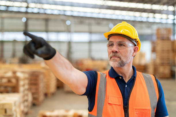 istock Confident and focused engineer in protective safety attire, standing amidst the production line at pallet factory. Worker points forward, symbolizing leadership and the direction of the factory's future. Expertise and continuous learning drive business. 1740793317
