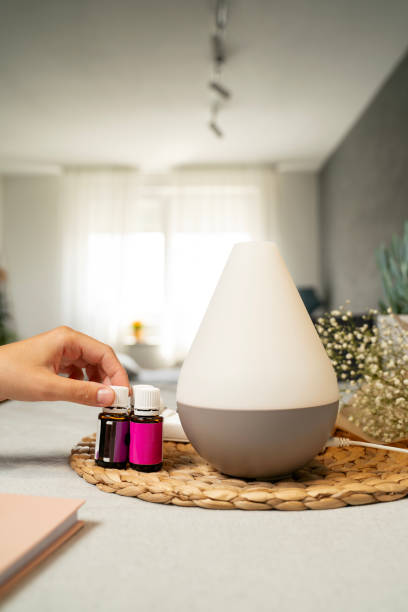istock Air diffusor standing on kitchen table, woman hand choosing essential oils mix 1740796418