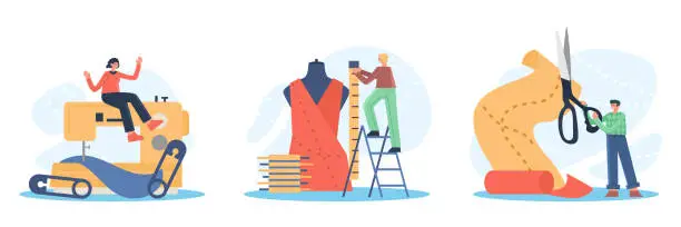 Vector illustration of Set of female sitting on sewing machine, male take measurements, man cutting fabric