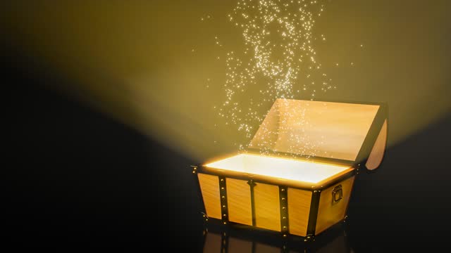 The treasure chest opened its lid and a golden light shone from within. Fantasy Treasure Box Excited Lighting. 3D Rendering.