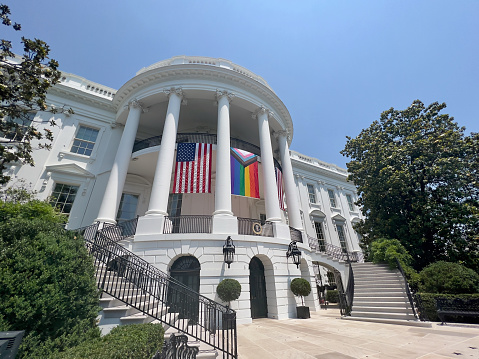 South side of the White House where the American flag and rainbow flag were raised.